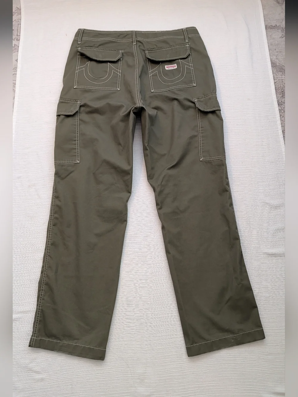 True Religion Ripstop Cargo Pants Kalamata Green White Stitch Men Sz 36